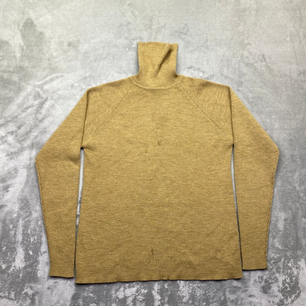 Lands End Womens Small 6-8 Mustard Tan 100% Wool Ribbed Turtleneck Sweater